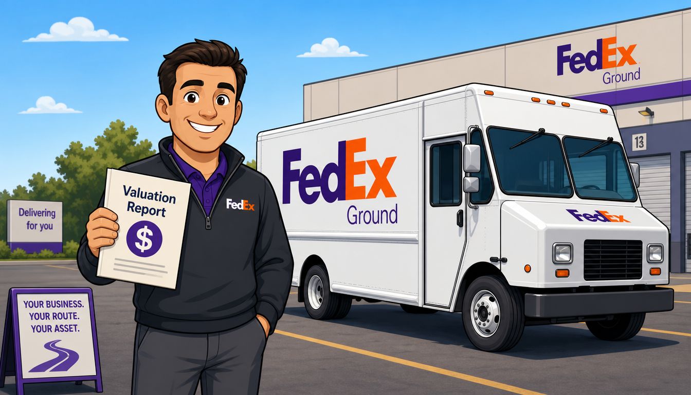 A friendly professional holding a FedEx valuation report next to a FedEx ground delivery truck.