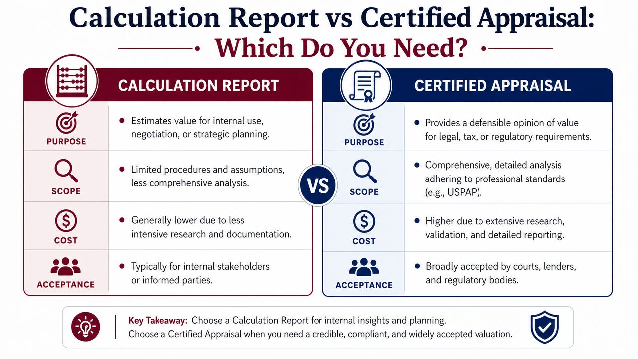 A comparison chart outlining the differences between a calculation report and a certified appraisal for valuation.