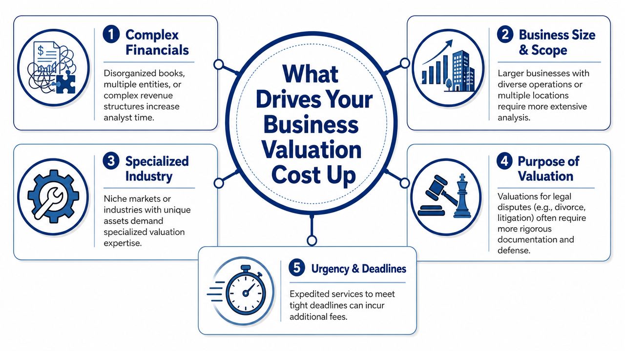 A diagram illustrating five key factors that influence the total cost of a professional business valuation service.